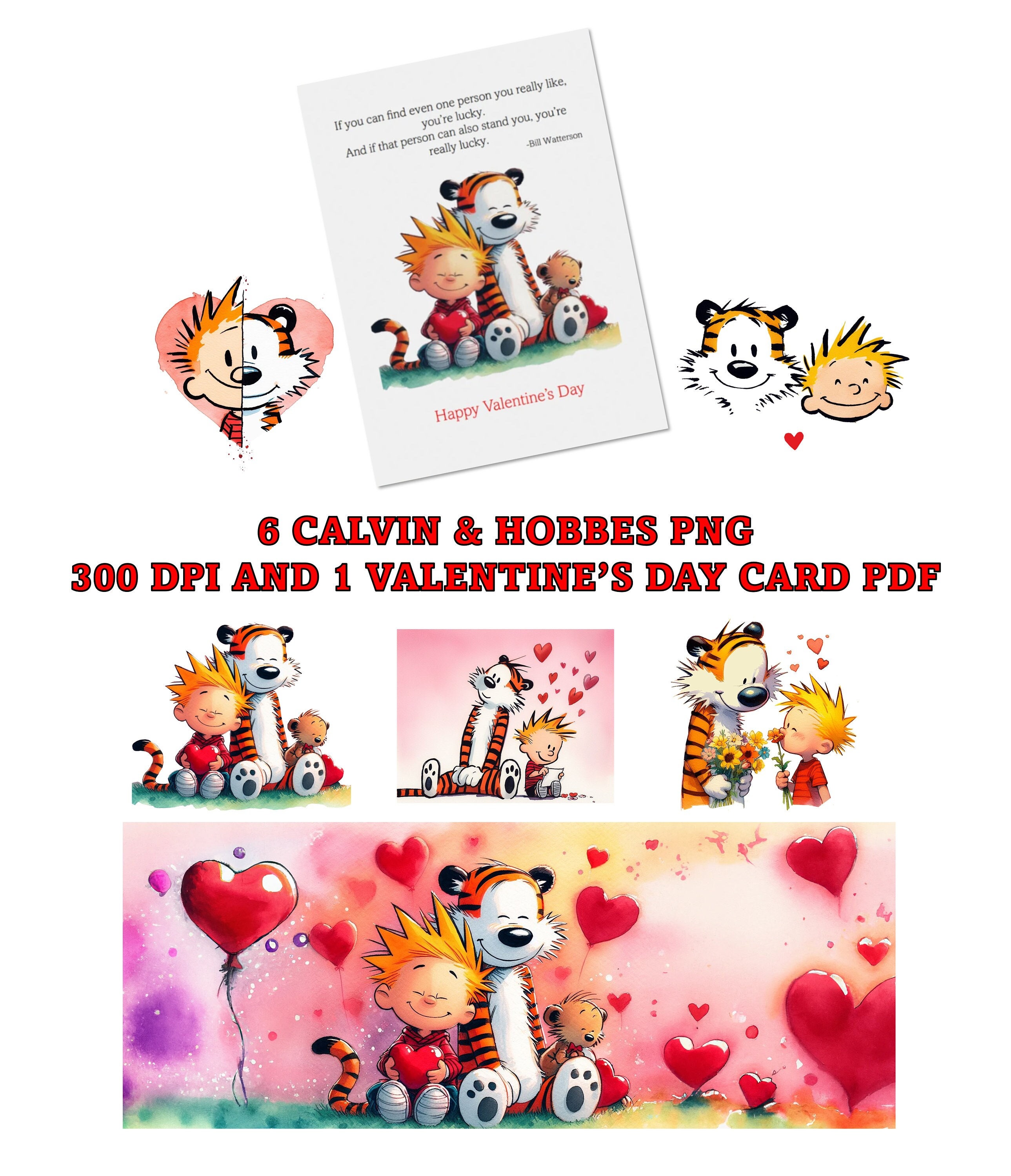 6 Calvin and Hobbes Love PNG Prints With Valentines Day Card PDF ...