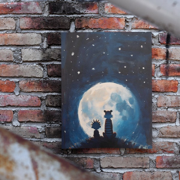 Calvin and Hobbes with our "Under the Moonlight on a Hill" Matte Vertical Poster