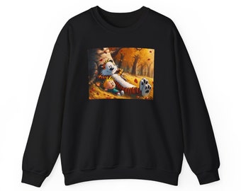 Realistic Calvin and Hobbes Resting on a Tree in the Fall Autumn Unisex Heavy Blend™ Crewneck Sweatshirt