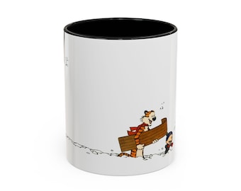 Multiple Color Calvin and Hobbes holding a sled walking through the snow Accent Coffee Mug, 11oz