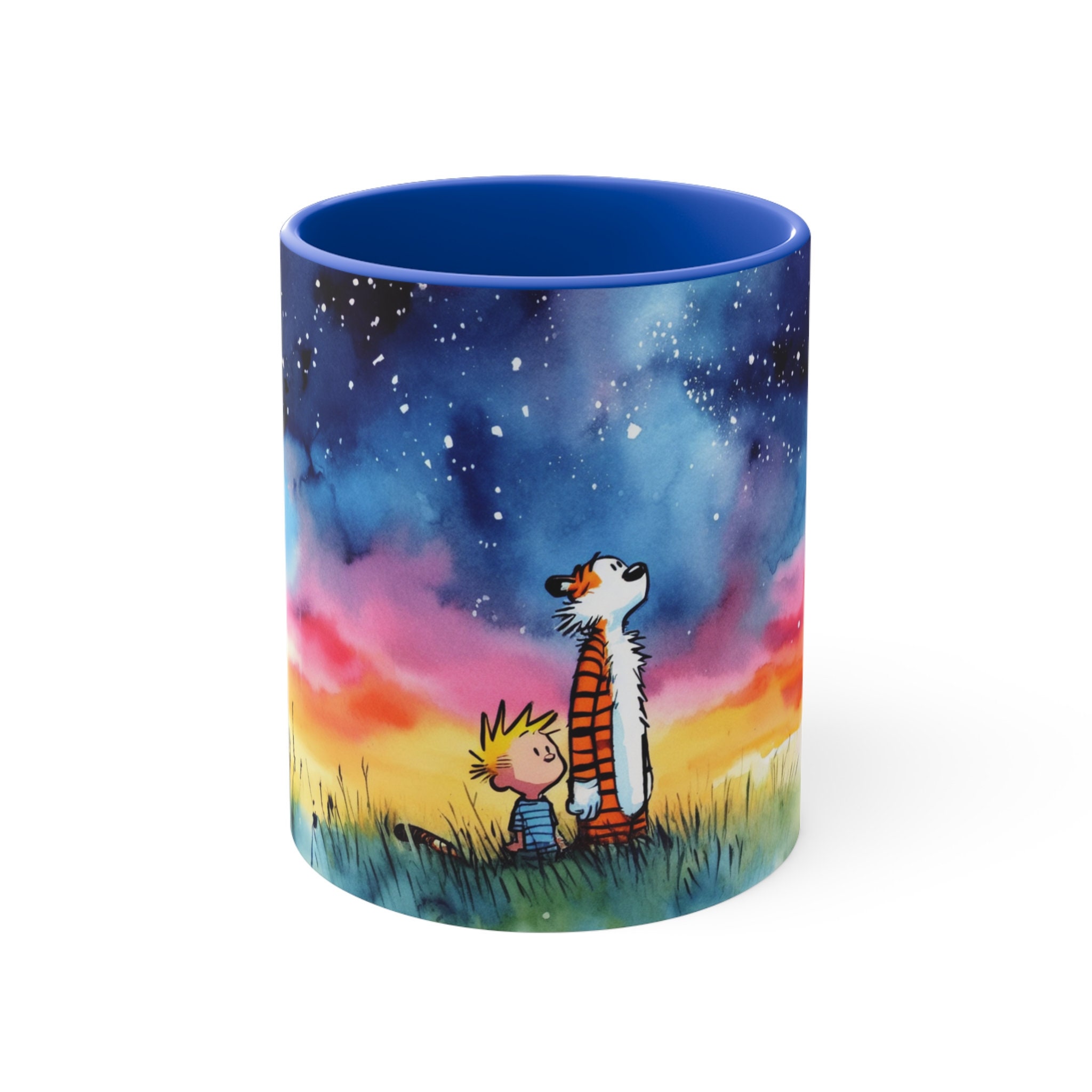 Calvin and Hobbes Accent Coffee Mug 11oz Looking at Nature Stars Constellation Cute Original Watercolor Landscape Painting Art Gift
