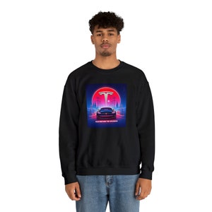 Retro Tesla&#39;s Electrifying the Holidays Winter Christmas Unisex Heavy Blend™ Crewneck Sweatshirt great for Elon Musk car owners gift