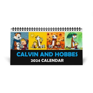 Calvin and Hobbes Minimalist Desktop Monthly Calendar 2024 with Original Watercolor Artwork