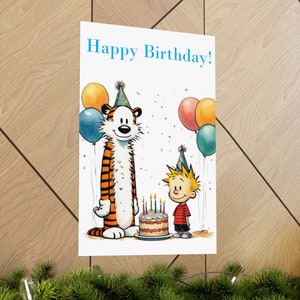 Fijne verjaardag Calvin and Hobbes Edition matte verticale poster met originele kunst van ballonnen, cake en hoeden