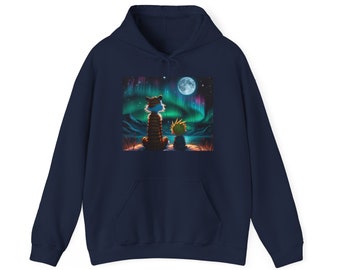 Northern Lights Calvin and Hobbes with Moon, the Stars, and the Sky Unisex Heavy Blend™ Hooded Hoodie Sweatshirt with realistic Alaska Sky