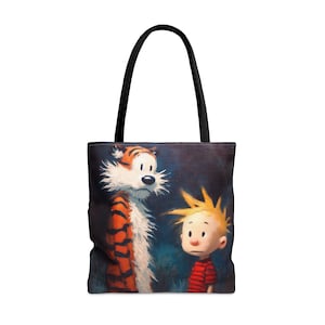 Original Calvin and Hobbes x Van Gogh Art Portrait Print Tote Bag (AOP) of Tiger and Boy