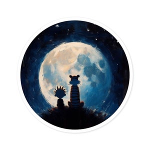 Calvin and Hobbes in the moonlight Round Stickers, Indoor\Outdoor gift print oil painting