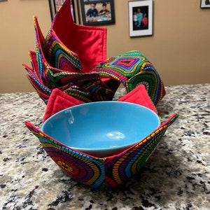 African Fabric Print Bowl Cozy Single, Set of 2, or Set of 4, Soup Bowl Cozy, Hot Bowl Holder, Bowl Cozy For Microwave, Bowl Cozy Set