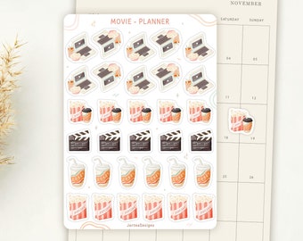 Hoja de pegatinas para planificador de películas, pegatinas para programas de televisión, recordatorios, bullet journal y pegatinas funcionales.