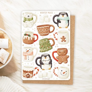 Feuille d'autocollants Mugs d'hiver Stickers | Sticker tasses de Noël | Feuille d'autocollants douillette | Stickers journaux, Stickers mignons