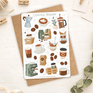 Pode incluir: Uma folha de adesivos com várias ilustrações com tema de café, incluindo uma cafeteira, grãos de café e xícaras de café. O texto "Coffee Break" está no topo. As ilustrações são em cores suaves e suaves, com um estilo aquarela.
