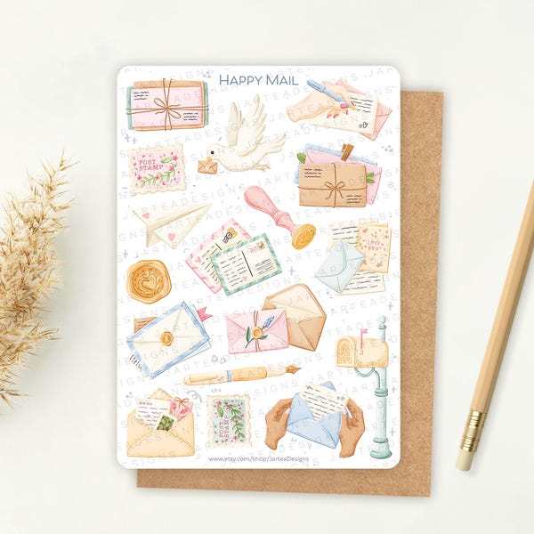 Sticker Sheet Happy Mail V2 | Cute Mail Sticker, Snail Mail, Pen Pal Sticker, Planner, Scrapbook Sticker, Journal Stickers