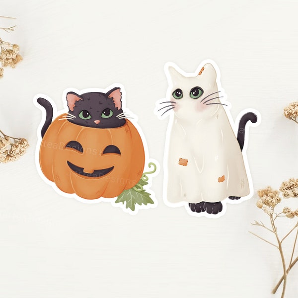 Aufkleber Halloween Katze Vinyl wasserfest Aufkleber | Kürbis-Katzenaufkleber | Geisterkatze Aufkleber | Katzenaufkleber | Niedlicher Sticker