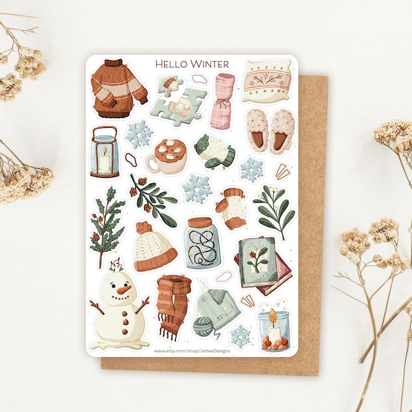 Sticker Sheet Hello Winter Stickers | Winter Sticker Set | Cozy Sticker Sheet | Journal Stickers, December, Cute Sticker, Sweater Weather