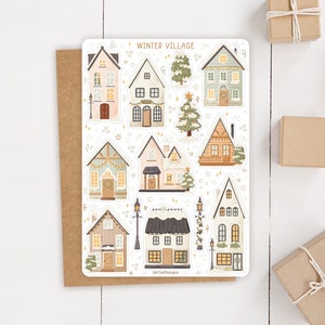 Stickervel Winter Village-stickers | Stickervel winter | Gezellig stickervel | Dagboekstickers, december, schattige huizen, sneeuwhuis
