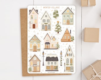 Sticker Sheet Winter Village Stickers | Winter Sticker Sheet | Cozy Sticker Sheet | Journal Stickers, December, Cute Houses, Snow House