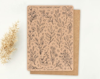 Feuille d'autocollants Wildflower Lineart Sticker Kraftpaper | Autocollant Fleur | Feuille d'autocollants de planificateur | Autocollants de journal