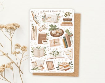 Sticker Sheet Books and Flowers | reading journal stickers, planner stickers, book stickers, cute book stickers, book themed stickers, books