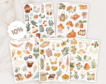 Sticker Sheet Bundle Jahreszeiten Pack | Sommer Sticker | Herbst Aufkleber | Winter-Aufkleber | Frühling Aufkleber | Journal Aufkleber