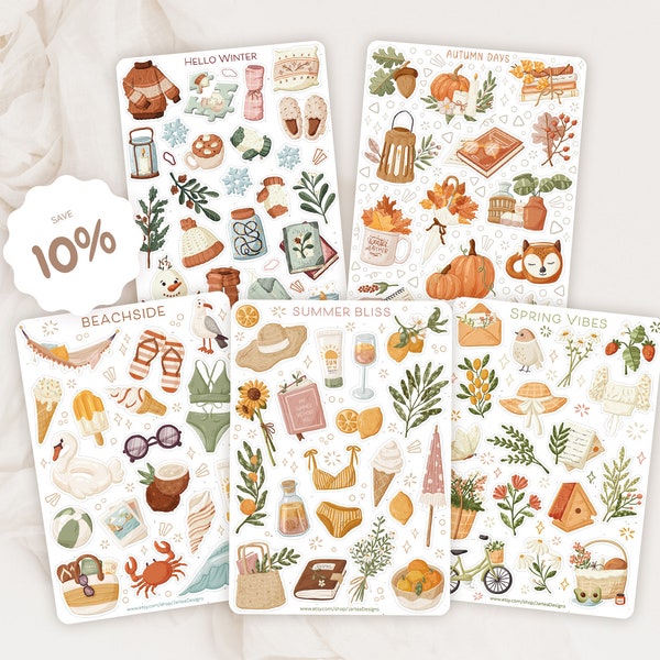 Sticker Sheet Bundle Jahreszeiten Pack | Sommer Sticker | Herbst Aufkleber | Winter-Aufkleber | Frühling Aufkleber | Journal Aufkleber