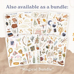 May include: Eight rectangular sticker sheets featuring various illustrations including books, crystals, celestial bodies, plants, and magical items. The text "Also available as a bundle:" and "Magical Bundle" is visible along with "Save 10%" in orange text.
