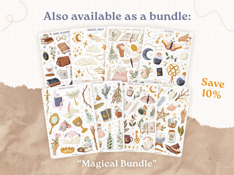 May include: Eight rectangular sticker sheets featuring various illustrations including books, crystals, celestial bodies, plants, and magical items. The text "Also available as a bundle:" and "Magical Bundle" is visible along with "Save 10%" in orange text.