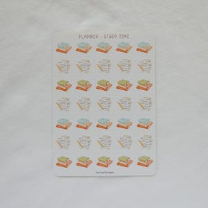 May include: A sticker sheet with the text "PLANNER - STUDY TIME" at the top. The sheet features small illustrations of stacks of books, pencils, and papers. The books are in shades of orange, green, and blue. The illustrations are in a watercolor style.