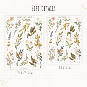 May include: Two sticker sheets titled WILDFLOWERS VOL. 3 featuring various botanical illustrations of flowers and leaves in muted tones. The left sheet measures 10.5 x 14.8 cm and the right sheet measures 9.1 x 13 cm, both on a white background.