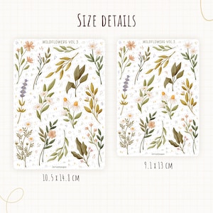 May include: Two sticker sheets titled WILDFLOWERS VOL. 3 featuring various botanical illustrations of flowers and leaves in muted tones. The left sheet measures 10.5 x 14.8 cm and the right sheet measures 9.1 x 13 cm, both on a white background.