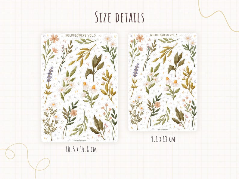 May include: Two sticker sheets titled WILDFLOWERS VOL. 3 featuring various botanical illustrations of flowers and leaves in muted tones. The left sheet measures 10.5 x 14.8 cm and the right sheet measures 9.1 x 13 cm, both on a white background.