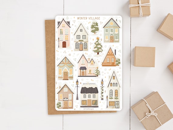 Sticker Sheet Winter Village Stickers | Winter Sticker Sheet | Cozy Sticker Sheet | Journal Stickers, December, Cute Houses, Snow House