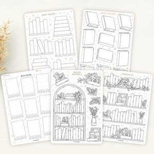 May include: Five white sticker sheets with black line drawings of books and bookshelves. One sheet is labeled "Book Tracker 1" with stacks of books. Another is labeled "Book Tracker 2" with individual books. The third is labeled "Book Rating" with star ratings.