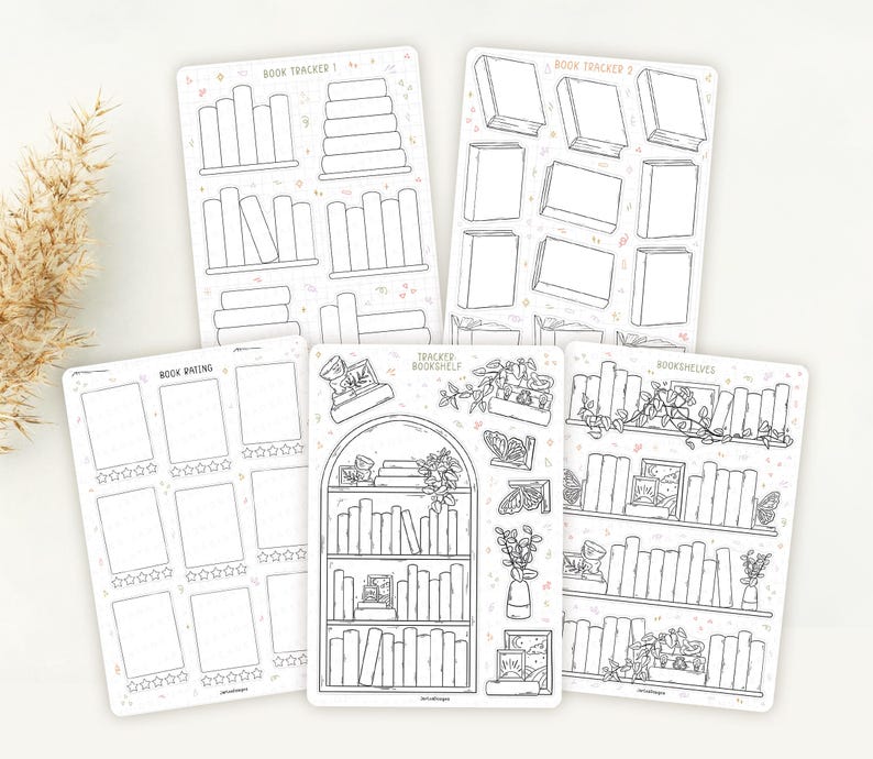 May include: Five white sticker sheets with black line drawings of books and bookshelves. One sheet is labeled "Book Tracker 1" with stacks of books. Another is labeled "Book Tracker 2" with individual books. The third is labeled "Book Rating" with star ratings.