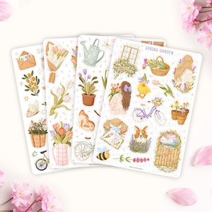 Peut inclure: Quatre planches d'autocollants sur le thème du jardin printanier. Les autocollants présentent des illustrations de fleurs, de papillons, d'un vélo, d'un arrosoir et d'une fille aux longs cheveux. La palette de couleurs comprend des pastels et des teintes douces.