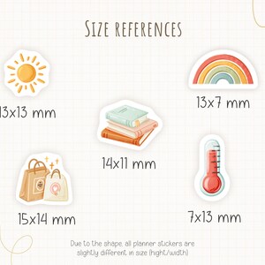 May include: A collection of watercolor planner stickers featuring a sun, rainbow, books, shopping bags, and a thermometer. The stickers vary in size, with the largest being 0.59 x 0.55 inches. The image includes size references in millimeters.