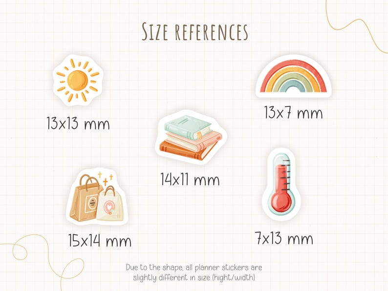 May include: A collection of watercolor planner stickers featuring a sun, rainbow, books, shopping bags, and a thermometer. The stickers vary in size, with the largest being 0.59 x 0.55 inches. The image includes size references in millimeters.