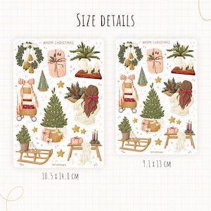 May include: Two sticker sheets titled WARM CHRISTMAS featuring watercolor illustrations of holiday items including a wreath, gifts, a person with a red bow, Christmas trees, a wooden sled, and candles. Dimensions are 10.5 x 14.8 cm and 9.1 x 13 cm.