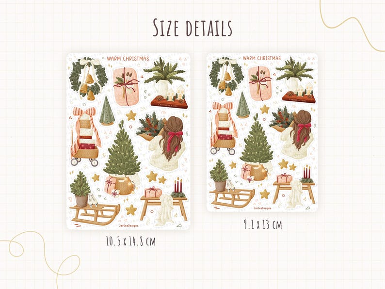 May include: Two sticker sheets titled WARM CHRISTMAS featuring watercolor illustrations of holiday items including a wreath, gifts, a person with a red bow, Christmas trees, a wooden sled, and candles. Dimensions are 10.5 x 14.8 cm and 9.1 x 13 cm.