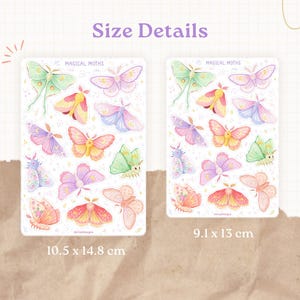 May include: Two sticker sheets labeled Magical Moths featuring various colorful moth illustrations in pastel shades of pink, purple, green, and yellow. The left sheet measures 10.5 x 14.8 cm and the right sheet measures 9.1 x 13 cm on a grid background.