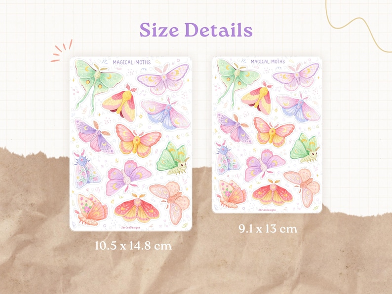 May include: Two sticker sheets labeled Magical Moths featuring various colorful moth illustrations in pastel shades of pink, purple, green, and yellow. The left sheet measures 10.5 x 14.8 cm and the right sheet measures 9.1 x 13 cm on a grid background.