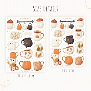 May include: Two sticker sheets with autumn-themed mug designs. The mugs feature mushroom tops, pumpkin details, and leaf patterns. The sheets measure 10.5 x 14.8 cm and 9.1 x 13 cm. Text on the sheets reads "AUTUMN MUGS" and "SIZE DETAILS."