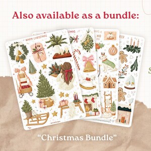 May include: Four sticker sheets featuring Christmas-themed illustrations including a wreath, a Christmas tree, a sled, a person with a red bow, a dog, gingerbread cookies, a fireplace, and gifts. The text reads "Also available as a bundle:" and "Christmas Bundle".