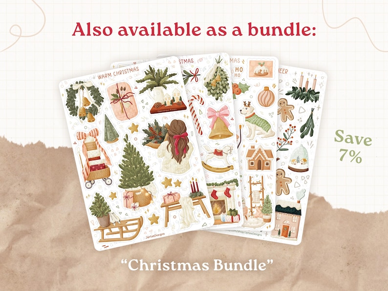 May include: Four sticker sheets featuring Christmas-themed illustrations including a wreath, a Christmas tree, a sled, a person with a red bow, a dog, gingerbread cookies, a fireplace, and gifts. The text reads "Also available as a bundle:" and "Christmas Bundle".