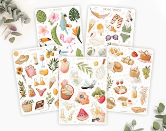 Sticker Sheet Bundle Summer | Summer Day Stickers, Beach Sticker Sheet, Cute Summer Journal Stickers, Summer Picnic, Tropical Stickers