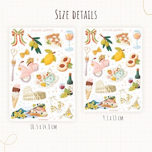 May include: Two sticker sheets with an "Italian Summer" theme. Each sheet features illustrations of Italian food, landmarks, and a scooter. The larger sheet measures 4.1 x 5.8 inches, and the smaller sheet is 3.6 x 5.1 inches.