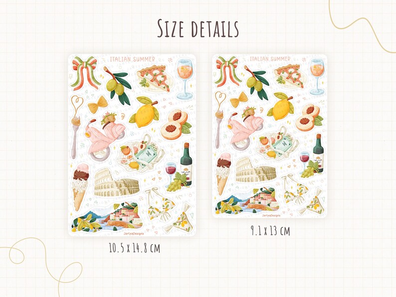May include: Two sticker sheets with an "Italian Summer" theme. Each sheet features illustrations of Italian food, landmarks, and a scooter. The larger sheet measures 4.1 x 5.8 inches, and the smaller sheet is 3.6 x 5.1 inches.
