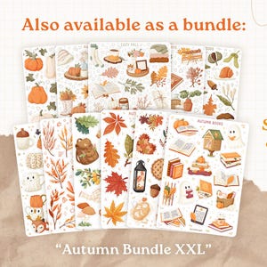 May include: A collection of autumn-themed sticker sheets featuring pumpkins, leaves, books, and cozy fall elements. The text "Autumn Bundle XXL" is displayed, with a note that it's available as a bundle, saving 8%.