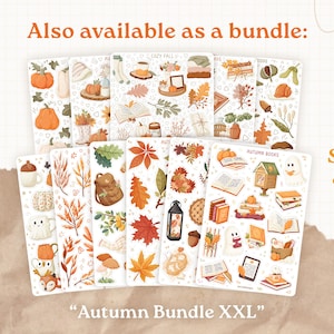 May include: A selection of autumn-themed sticker sheets with illustrations of pumpkins, leaves, books, and cosy fall elements. The text "Autumn Bundle XXL" is visible, with a note that it's available as a bundle, saving 8%.