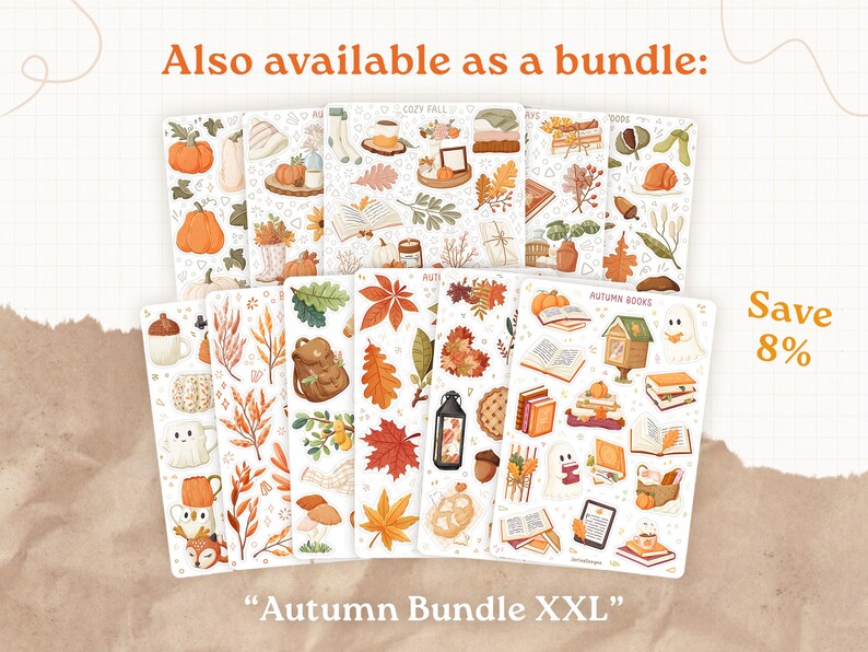 May include: A selection of autumn-themed sticker sheets with illustrations of pumpkins, leaves, books, and cosy fall elements. The text "Autumn Bundle XXL" is visible, with a note that it's available as a bundle, saving 8%.