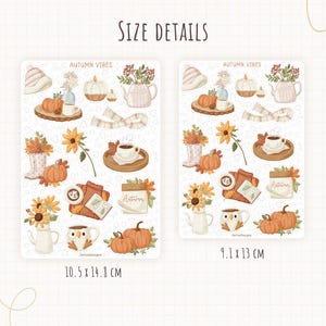 May include: Two sticker sheets with autumn-themed illustrations. The stickers feature pumpkins, sunflowers, coffee cups, a scarf, and the text "AUTUMN VIBES". The larger sheet measures 10.5 x 14.8 cm, and the smaller one is 9.1 x 13 cm.